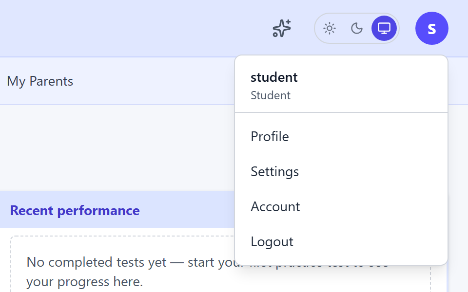 The account menu opened from the initial at the top right, listing Profile, Settings, Account and Logout