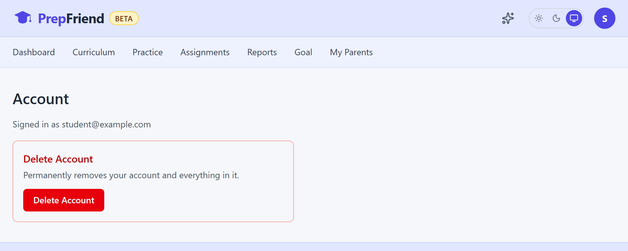 The Account page with a red Delete Account section and button