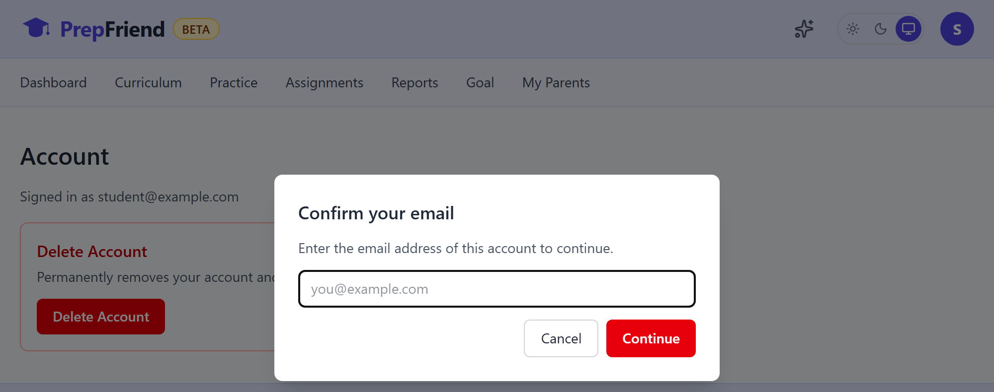 The Confirm your email dialog with an email field and Cancel and Continue buttons
