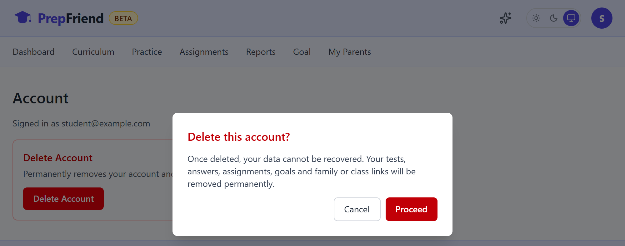 The Delete this account warning: once deleted, your data cannot be recovered, with Cancel and Proceed buttons